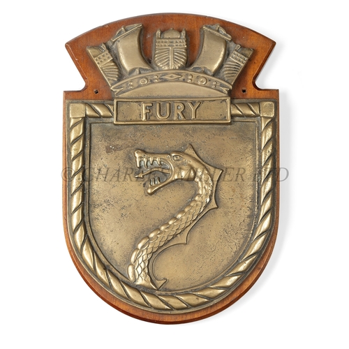 317 - THE OFFICIAL PATTERN SCREEN BADGE FROM H.M.S. FURY, 1934
cast in brass, with ship's name and rope bo... 