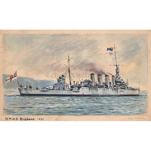 329 - δ SOREN BRUNOE (DANISH, 1916-1994)
With wind abeam: H.M.A.S. 'Sydney' underway
Unsigned and partiall... 