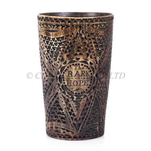 35 - A FINELY CARVED AND SCRIMSHAW WORKED HORN BEAKER FOR THE BARQUE HOPE, CIRCA 1846
carved overall with... 