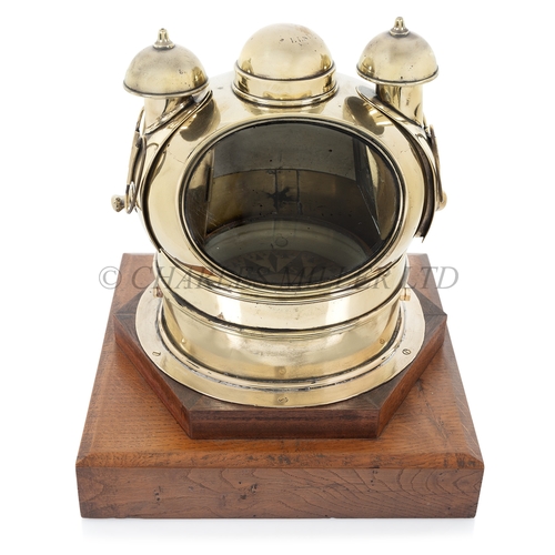 57 - A MUSHROOM-TOP BINNACLE, CIRCA 1900
the 6in. dry card compass in gimbal mounted bowl, within brass b... 