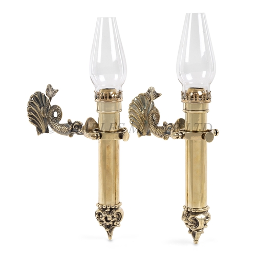 65 - A PAIR OF 20TH CENTURY GIMBALLED SALOON CANDLE LAMPS
constructed in polished brass with removable sp... 