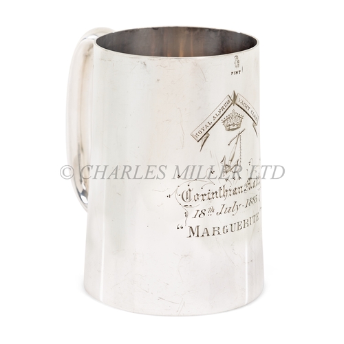 67 - AN IRISH PRESENTATION TANKARD FOR THE MARGUERITE, 1885
plated, of plain tapering form, the front eng... 