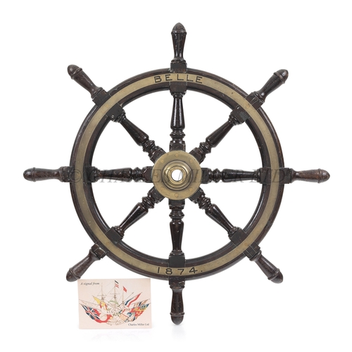 80 - AN EIGHT-SPOKE SHIP'S WHEEL FOR THE STEAM YACHT BELLE, 1874
with turned-spokes, brass hub, outer rim... 