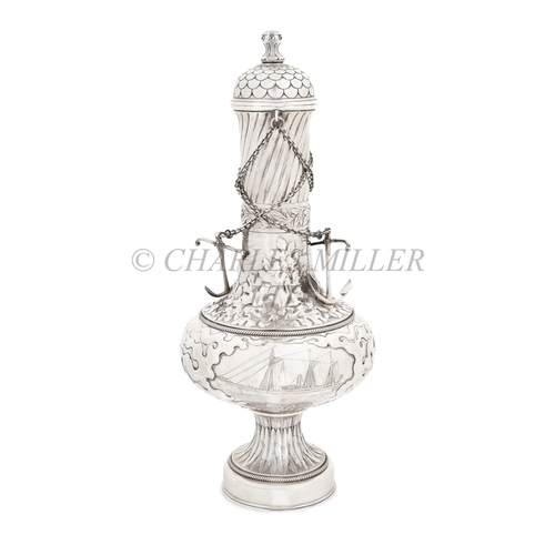 90 - A FINE AMERICAN SILVER ART NOUVEAU YACHTING TROPHY, CIRCA 1886
apparently unmarked, cast in a balust... 