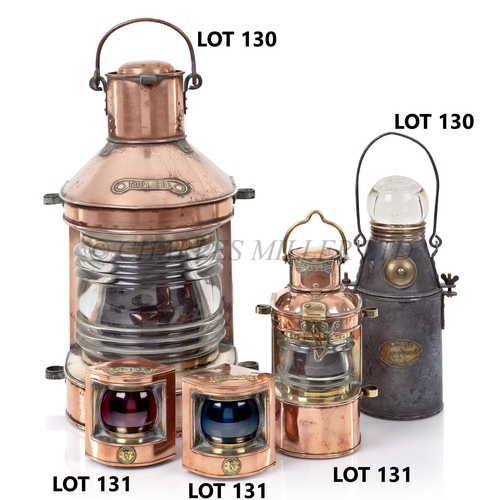 130 - A COPPER AND BRASS MARINE TOPLIGHT, CIRCA 1920
chimney with handle to top, Fresnel-type lens, hinged... 