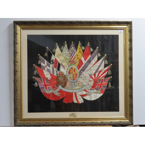 269 - A FINE ORIENTAL SILKWORK FLAG DISPLAY, CIRCA 1900
depicting the lion and unicorn flanked by internat... 