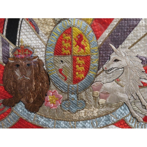 269 - A FINE ORIENTAL SILKWORK FLAG DISPLAY, CIRCA 1900
depicting the lion and unicorn flanked by internat... 