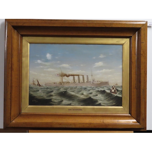 275 - J.A. KEW (BRITISH, 19TH-20TH CENTURY)
H.M.S. 'Devonshire'
Signed and dated 'J A Kew 1904'
Oil on can... 