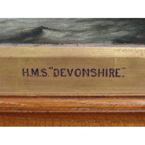 275 - J.A. KEW (BRITISH, 19TH-20TH CENTURY)
H.M.S. 'Devonshire'
Signed and dated 'J A Kew 1904'
Oil on can... 