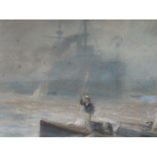 276 - GEORGE COCHRANE KERR (BRITISH, 1825-1907)
Royal Navy steam launch in mist
Later inscription on rever... 