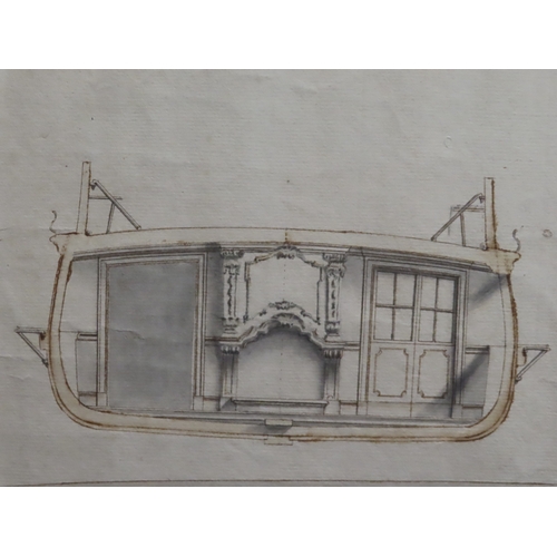 182 - A SET OF DESIGNS FOR A FRENCH ROYAL BARGE OF CIRCA 1760
comprising pen, ink and watercolour designs ... 