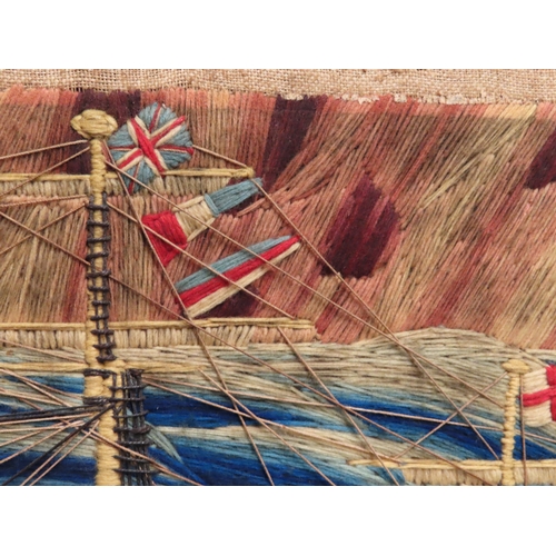 265 - A SAILOR'S WOOLWORK PICTURE, CIRCA 1870
depicting sail/steam ships of the Royal Navy in the Solent o... 