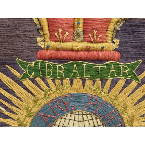 268 - A ROYAL MARINE CORPS PATRIOTIC WOOLWORK FROM GIBRALTAR, CIRCA 1890
with central starburst device ins... 