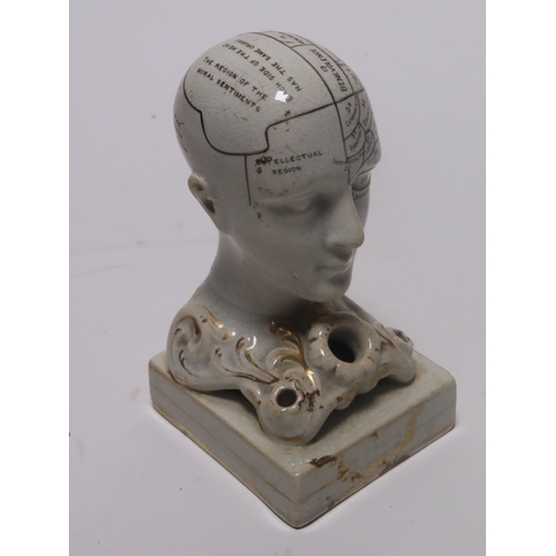 375 - A PHRENOLOGY INKWELL BY F. BRIDGES, CIRCA 1850
modelled in stoneware with transfer-printed phrenolog... 