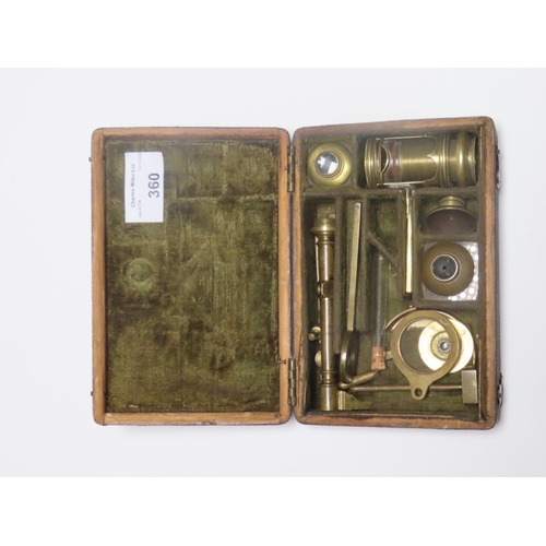 360 - A POCKET MICROSCOPE COMPENDIUM BY DOLLOND, CIRCA 1760
with screw barrel and aquatic attachments, con... 