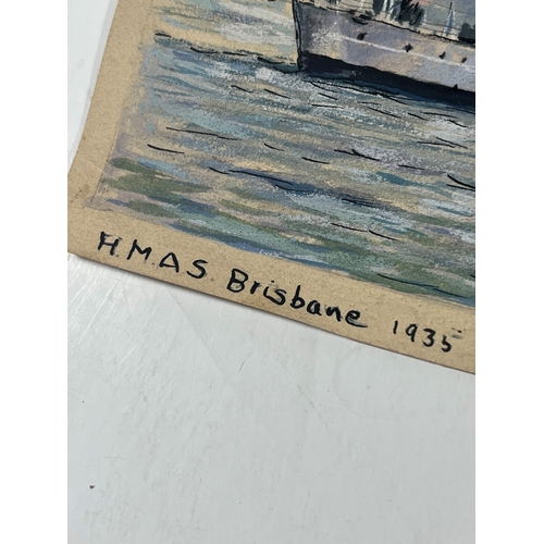 329 - δ SOREN BRUNOE (DANISH, 1916-1994)
With wind abeam: H.M.A.S. 'Sydney' underway
Unsigned and partiall... 