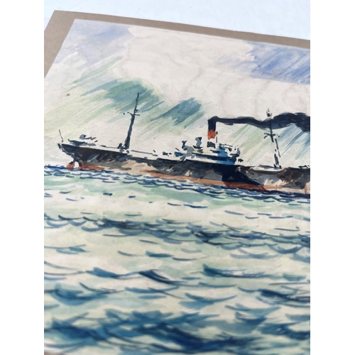 329 - δ SOREN BRUNOE (DANISH, 1916-1994)
With wind abeam: H.M.A.S. 'Sydney' underway
Unsigned and partiall... 