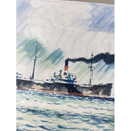 329 - δ SOREN BRUNOE (DANISH, 1916-1994)
With wind abeam: H.M.A.S. 'Sydney' underway
Unsigned and partiall... 