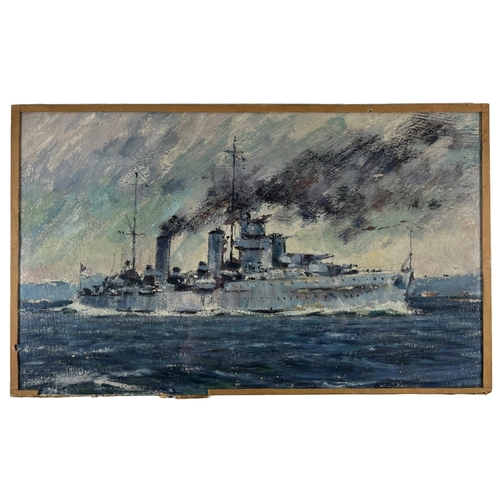 329 - δ SOREN BRUNOE (DANISH, 1916-1994)
With wind abeam: H.M.A.S. 'Sydney' underway
Unsigned and partiall... 