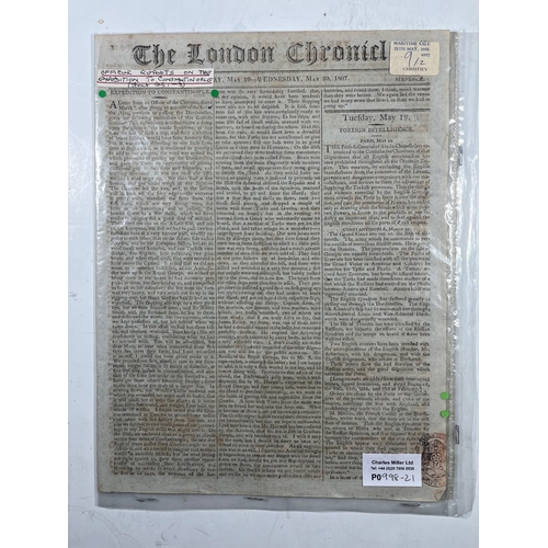 105 - LONDON CHRONICLE COVERING DARDANELLES, 1807
Front page report by an officer of the Canopus mentionin... 