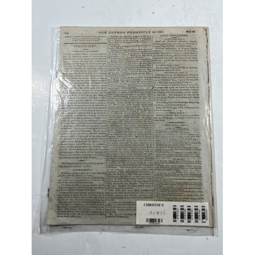 105 - LONDON CHRONICLE COVERING DARDANELLES, 1807
Front page report by an officer of the Canopus mentionin... 