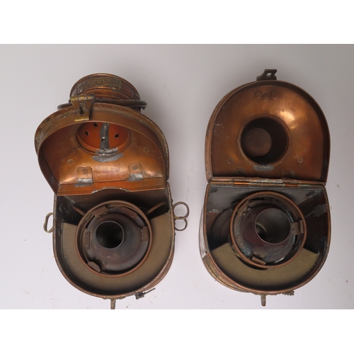 22 - TWO SMALL NAVIGATION LAMPS, CIRCA 1930
complete with burners and labels for masthead and stern, one ... 