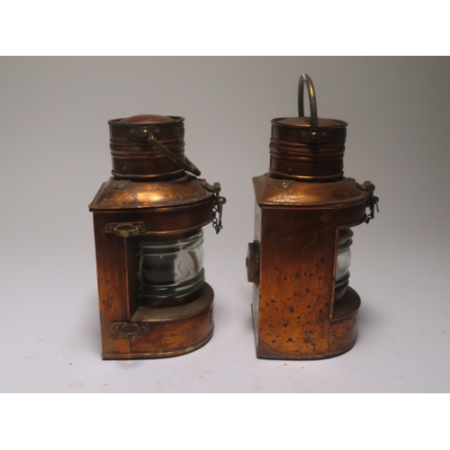 22 - TWO SMALL NAVIGATION LAMPS, CIRCA 1930
complete with burners and labels for masthead and stern, one ... 