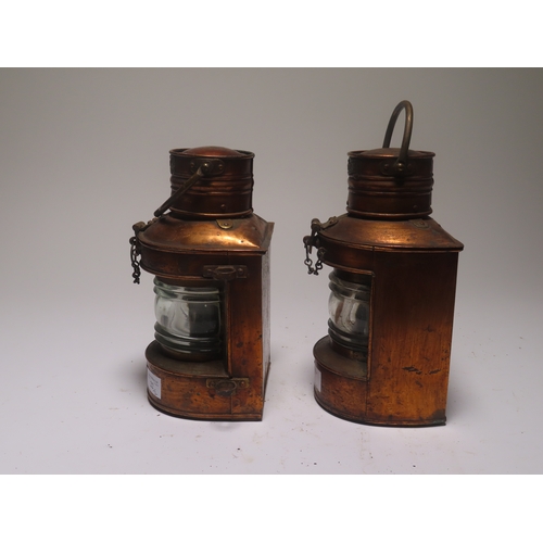 22 - TWO SMALL NAVIGATION LAMPS, CIRCA 1930
complete with burners and labels for masthead and stern, one ... 