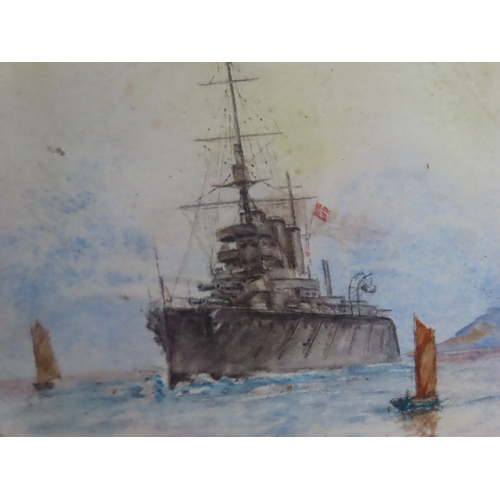 50 - A LIFE BUOY FRAMED ARTWORK OF H.M.S. LION, CIRCA 1917
a watercolour on paper depicting Lion between ... 