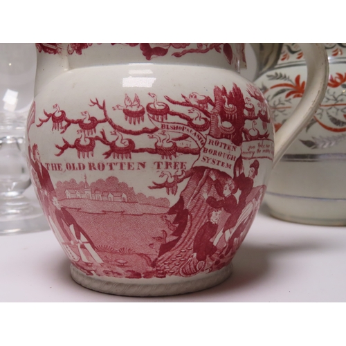 74 - A SMALL SUNDERLAND LUSTREWARE JUG
with compass device and poem; together with a red transfer print j... 