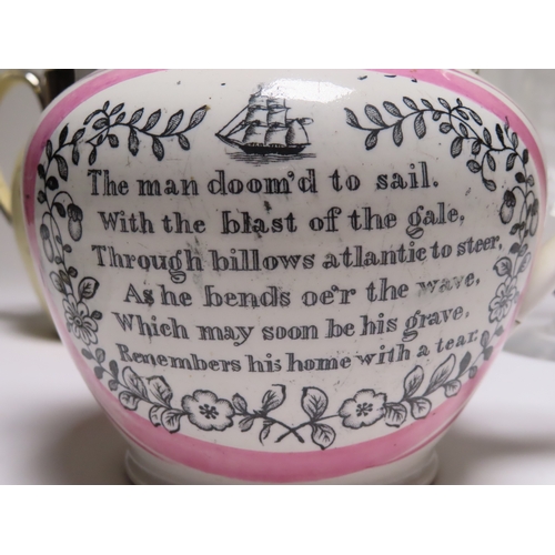 74 - A SMALL SUNDERLAND LUSTREWARE JUG
with compass device and poem; together with a red transfer print j... 