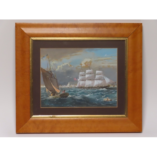 98 - MANNER OF ROWLAND LANGMAID (BRITISH, 1897-1956)
An American Trading Barque Sailing off a Busy Headla... 