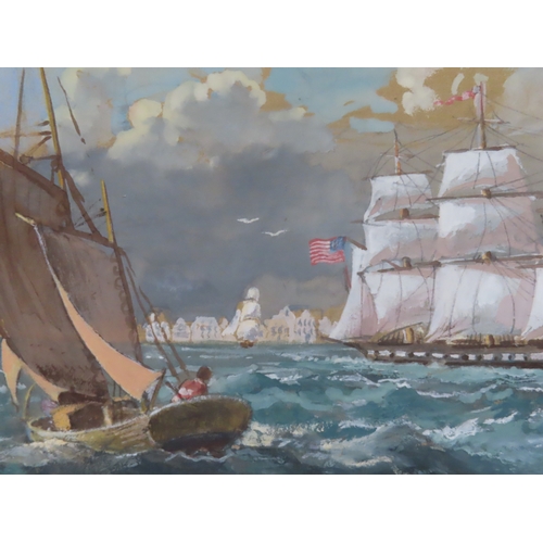 98 - MANNER OF ROWLAND LANGMAID (BRITISH, 1897-1956)
An American Trading Barque Sailing off a Busy Headla... 