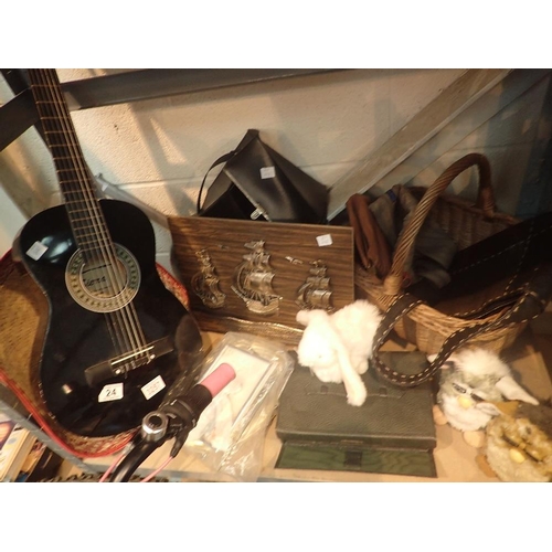 24 - Shelf of mixed items including childs Sierra guitar, polaroid camera, wicker basket, bowling ball et... 