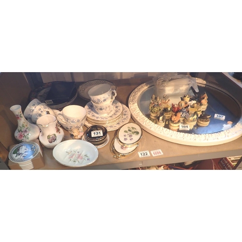 122 - Shelf of mixed ceramics including Royal Doulton Hummingbird plates, circular mirror, Tetley tea hous... 