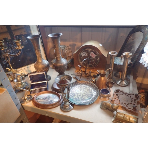 126 - Mixed metalware including silver plate and brass, matle clock, vases, candlesticks, paintings etc