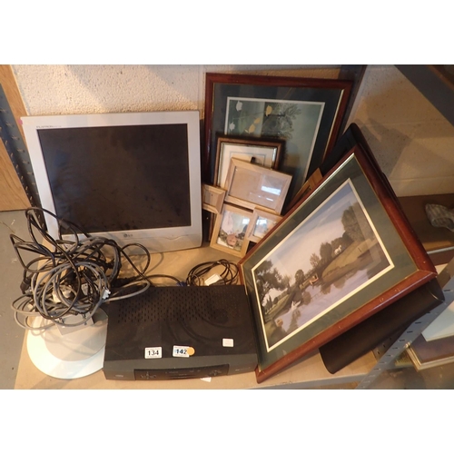 134 - Shelf of mixed items including computer screen, Sky box, two televisions etc