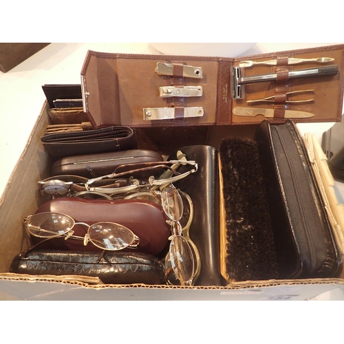 154 - Selection of leather wallets, glasses cases, spectacles, gentlemans grooming kits etc