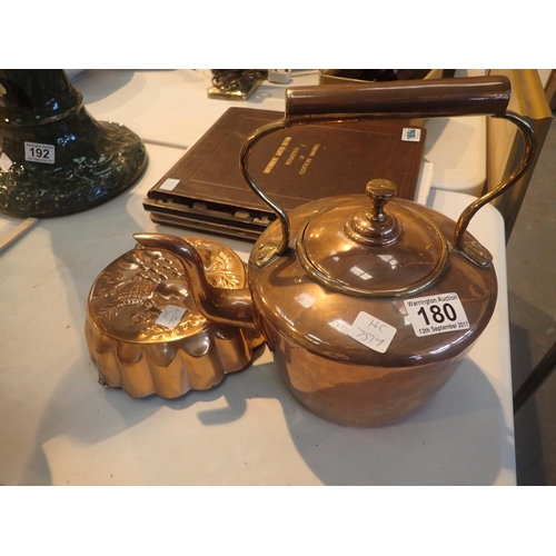 180 - Copper and brass kettle and copper flan dish