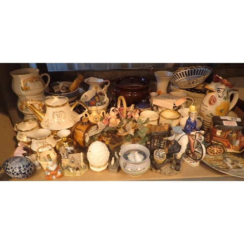 95 - Shelf of mixed ceramics including teapots, jugs, ornaments etc