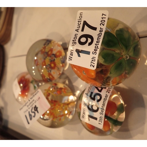 197 - Five small paperweights, one Millefiori