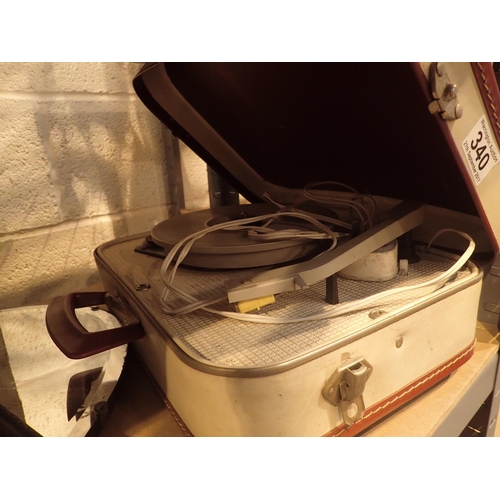 340 - Retro mono portable record player and a box of records