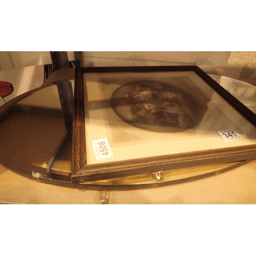 341 - Vintage oval mirror with bevelled edges and a framed picture