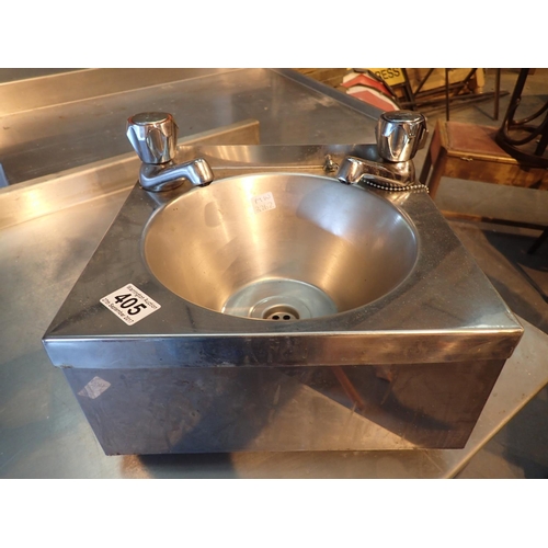 405 - Stainless steel small wash basin with two taps, 30 x 27 cm