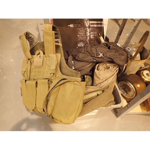 97 - Selection of military clothing including gas mask, rucksack, camo paint, jersey, jacket etc