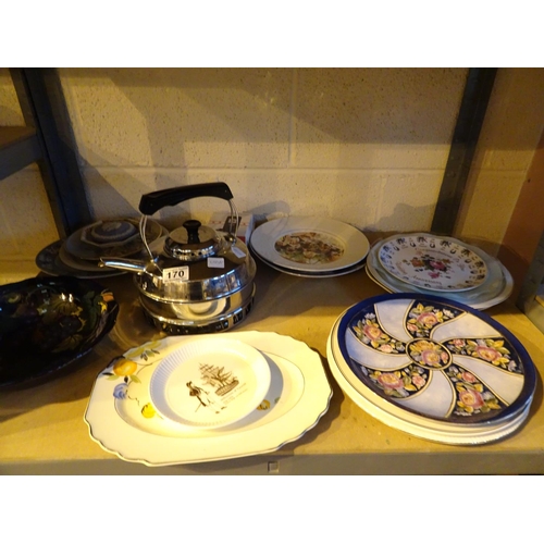 170 - Shelf of mixed decorative plates and a chrome kettle