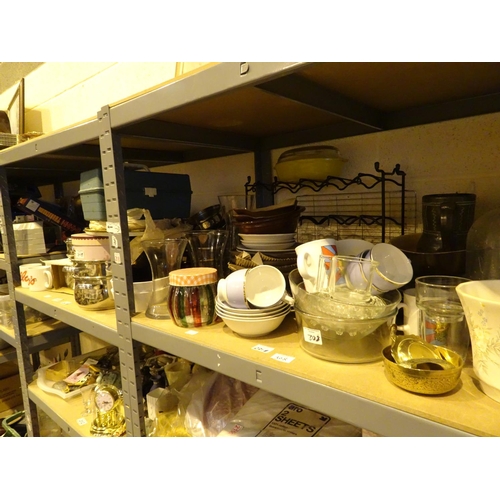 308 - Two shelves of mixed glassware ceramics stainless steel cookware etc