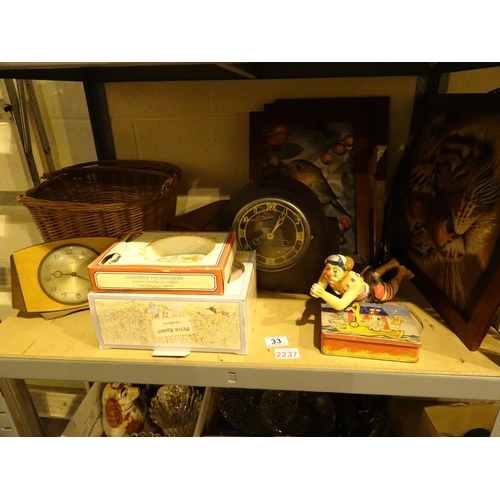 33 - Shelf of mixed items including mantel clocks Wedgwood Peter Rabbit plate Royal Doulton Bunnykins bow... 