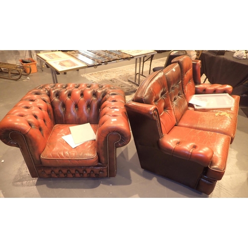 858 - Chesterfield three seat ox blood red suite with button back and arms and a matching tub armchair