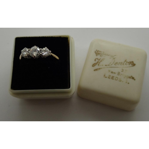 116 - 18ct gold three stone moissanite ring, size M, 2.9g
P&P group 1 (£16 for the first item and £1.50 fo... 